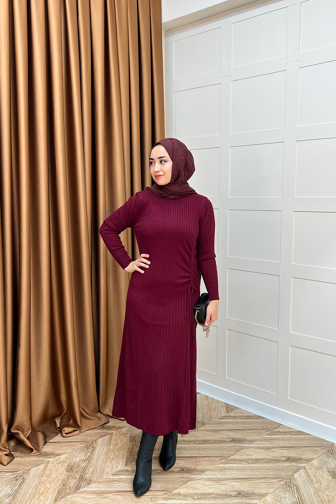 Yandan Büzgülü Triko Elbise Bordo 24870-BORDO