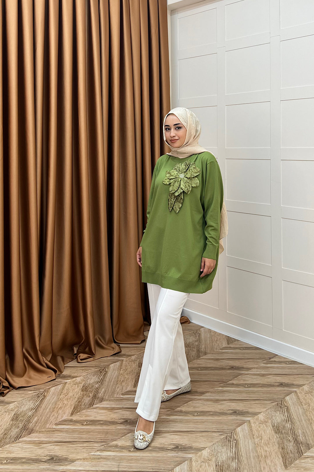 Merserize Çiçekli Triko Tunik Yeşil 2550-YEŞİL