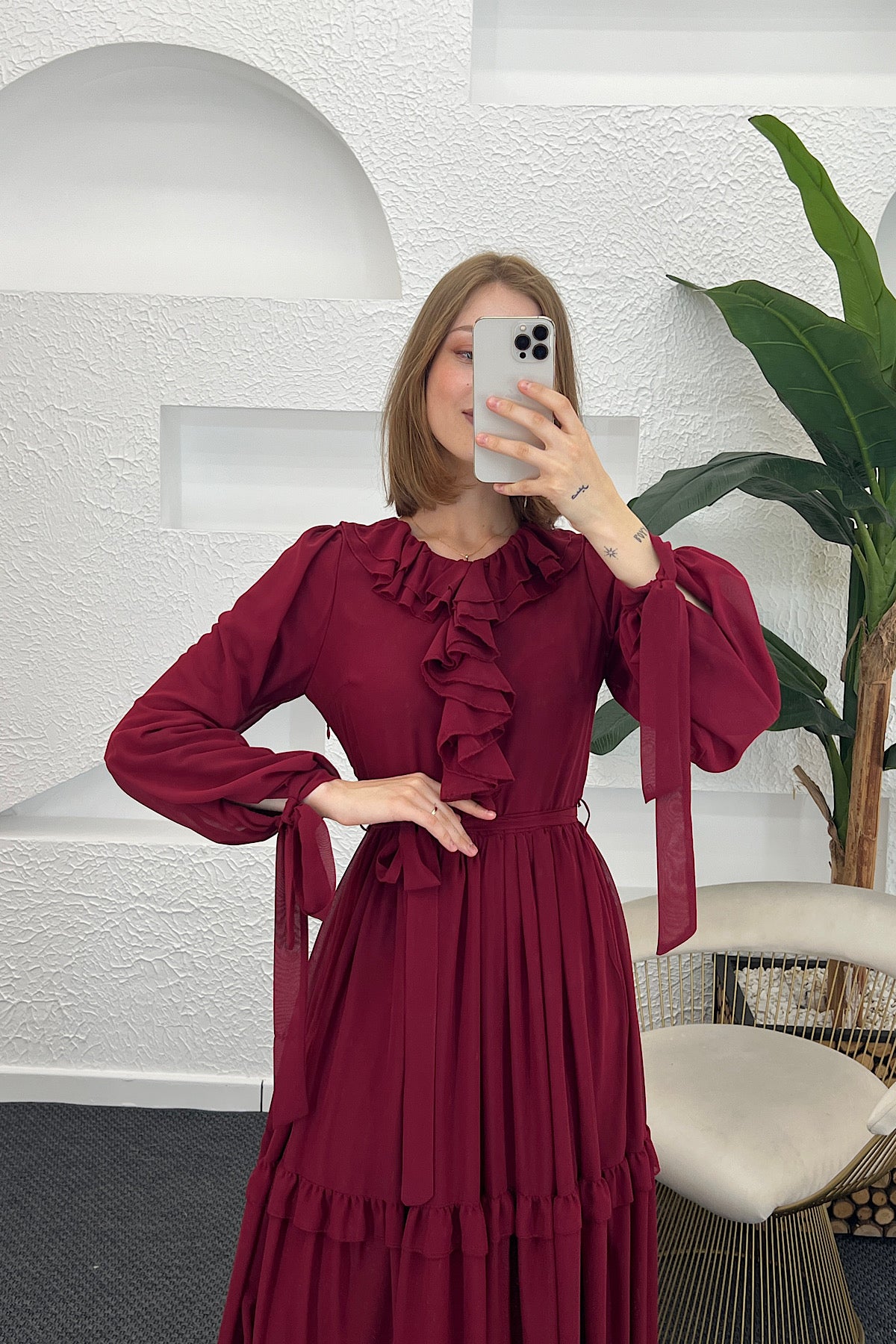 Royal Şifon Elbise Bordo 3053-BORDO