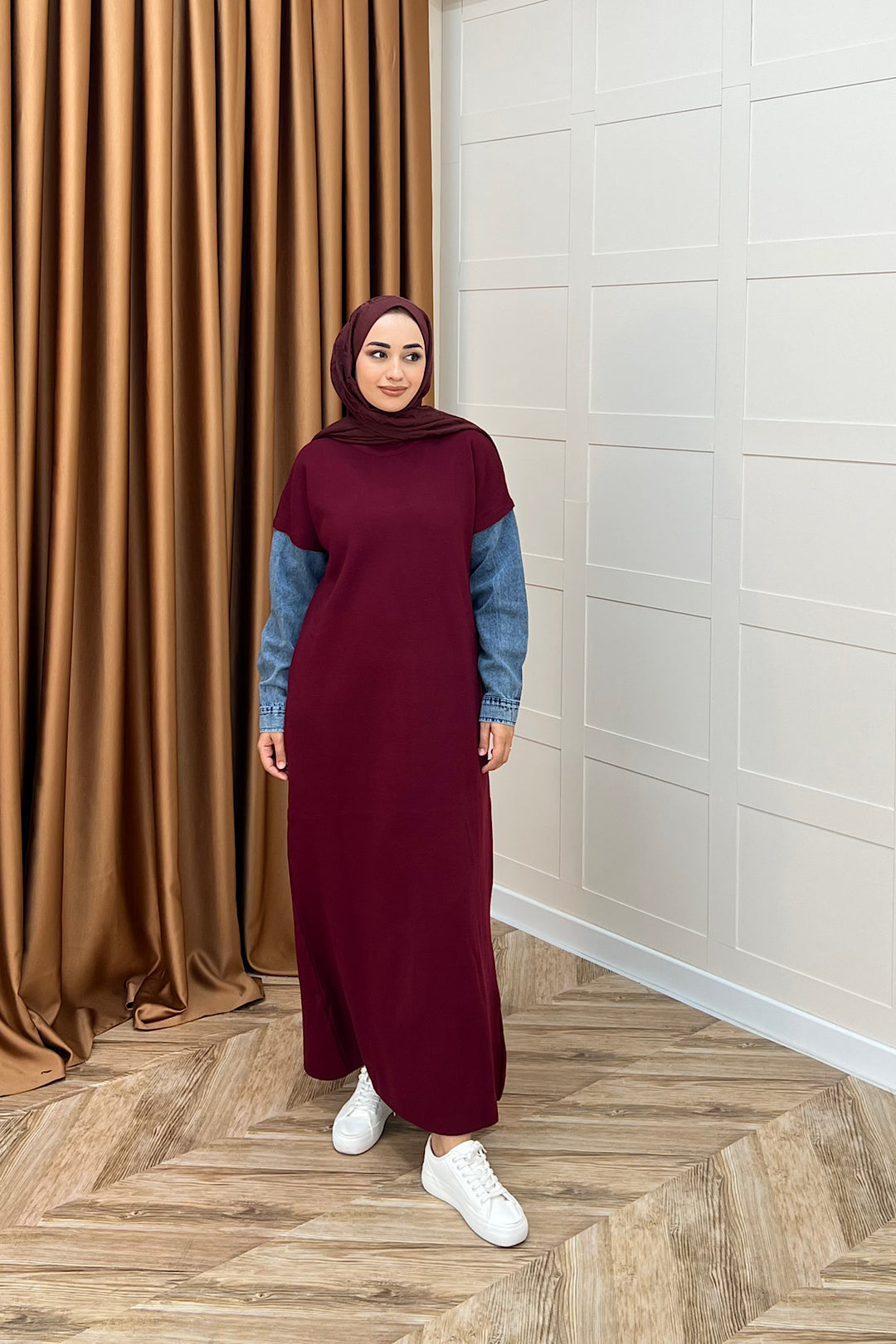 Kolları Kot Detay Triko Elbise Bordo 241200-BORDO