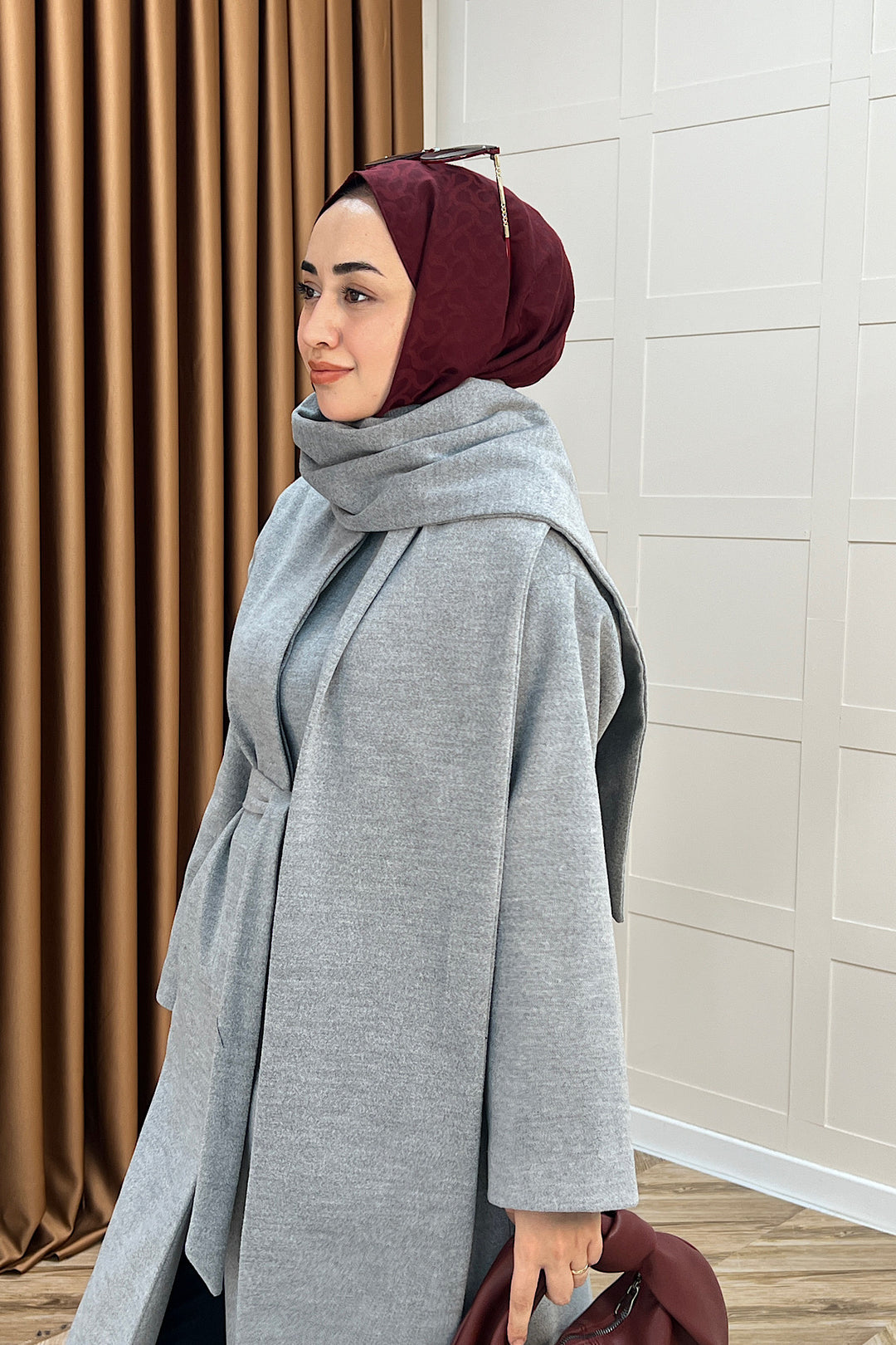 Siena Atkı Detay Kaşe Kaban Gri 5530-GRI