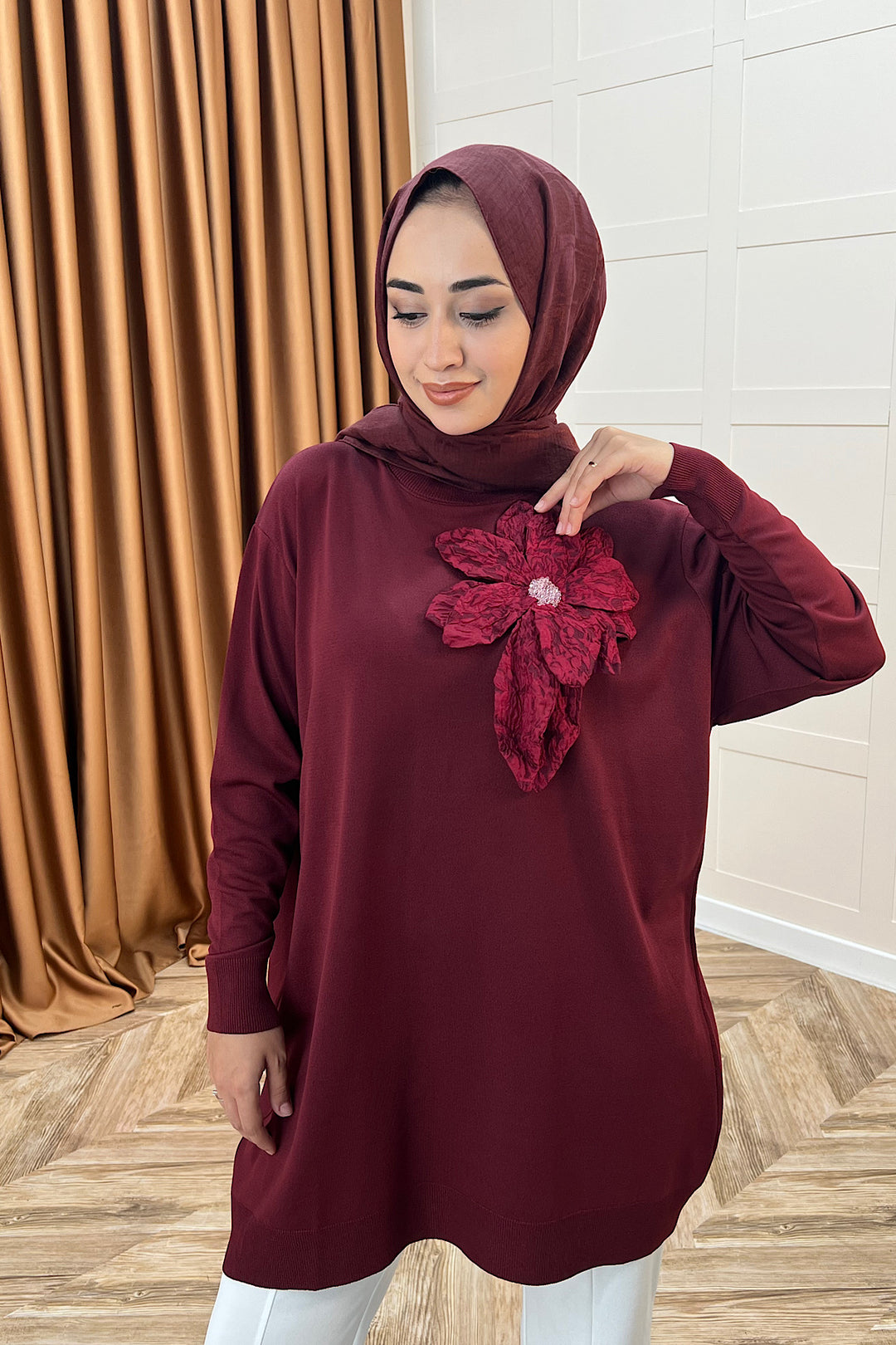 Merserize Çiçekli Triko Tunik Bordo 2550-BORDO