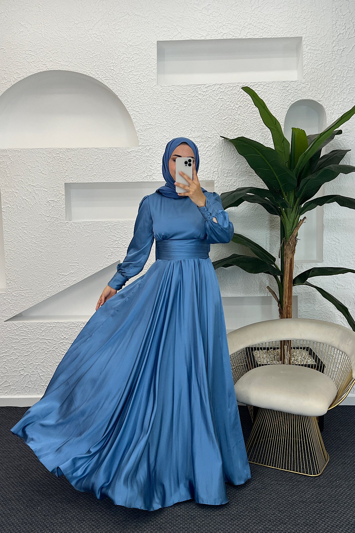 Beli Piliseli Saten Abiye İndigo 04340-INDIGO