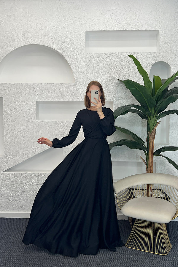 Önü Çarpraz Saten Abiye Siyah 4529-SIYAH