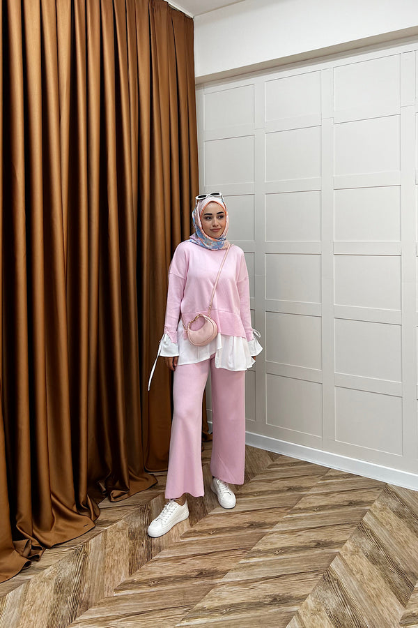 Truva Gömlek Detay Merserize Triko Takım Pembe 25350-PEMBE