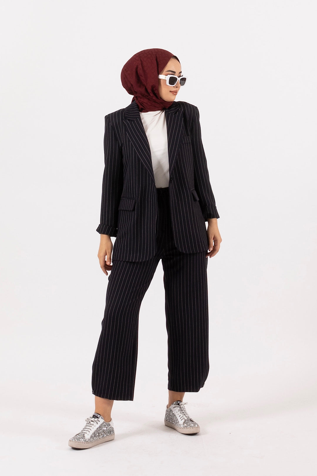 Paça Detay Çizgili Takım Lacivert 24K6183-LACIVERT