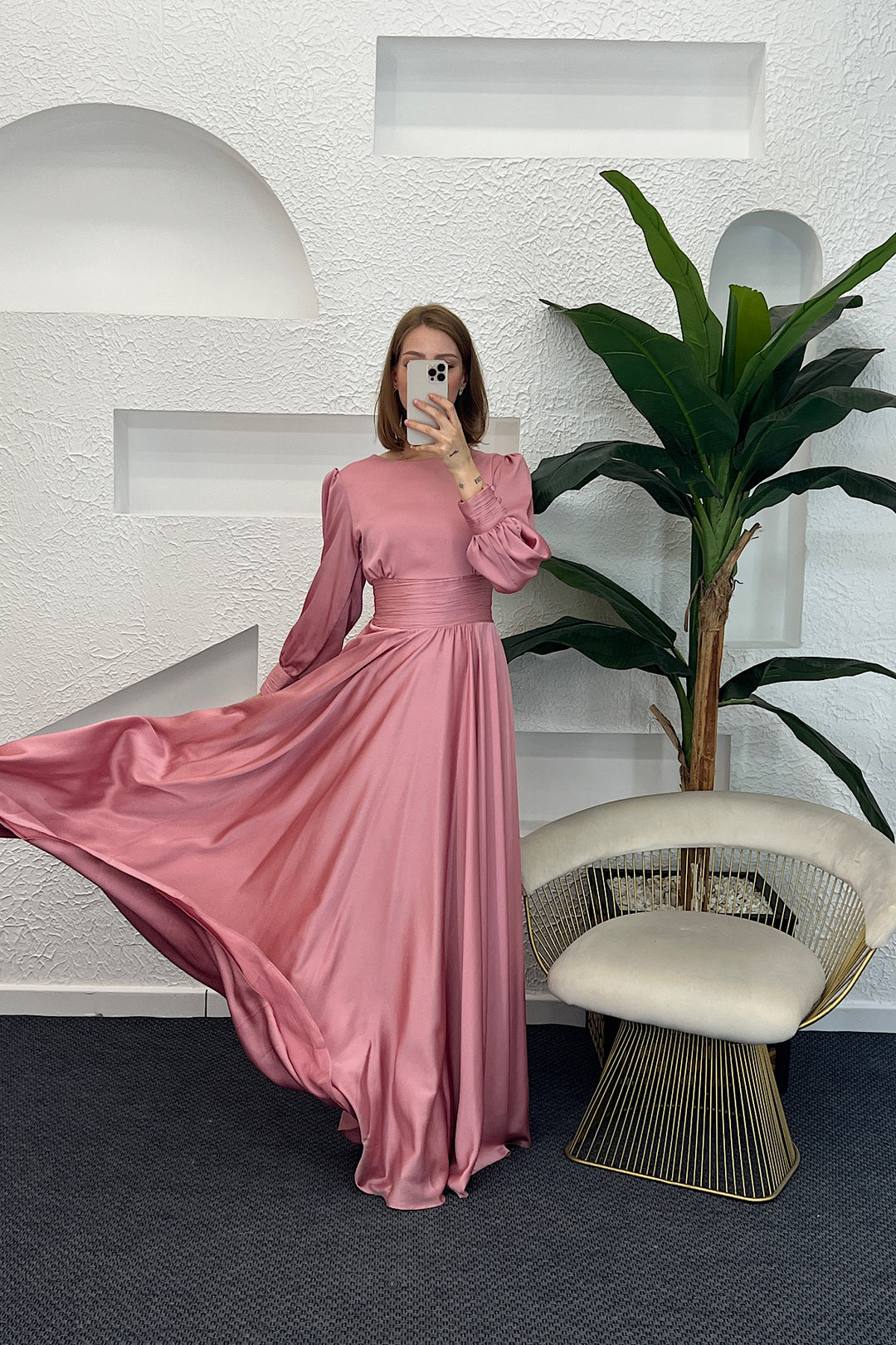 Beli Piliseli Saten Abiye Pembe 04340-PEMBE