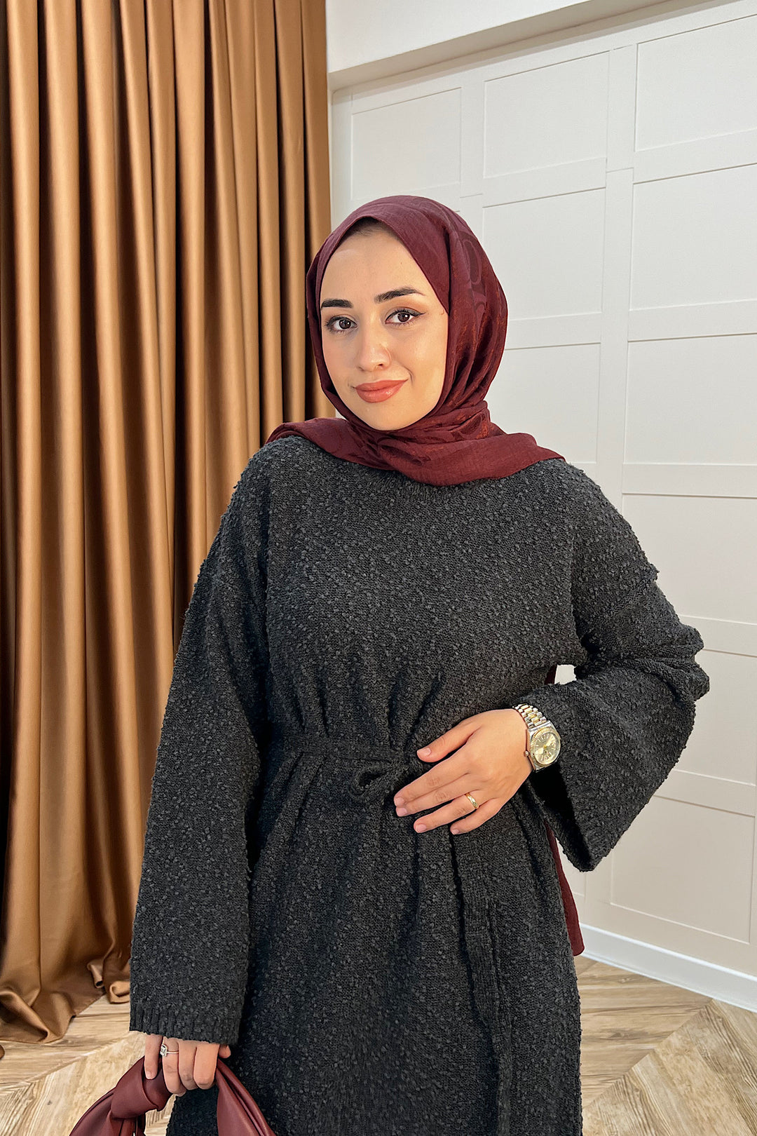 Yumoş Sim Karışımlı Salaş Triko Elbise Antrasit 252500-ANTRASIT