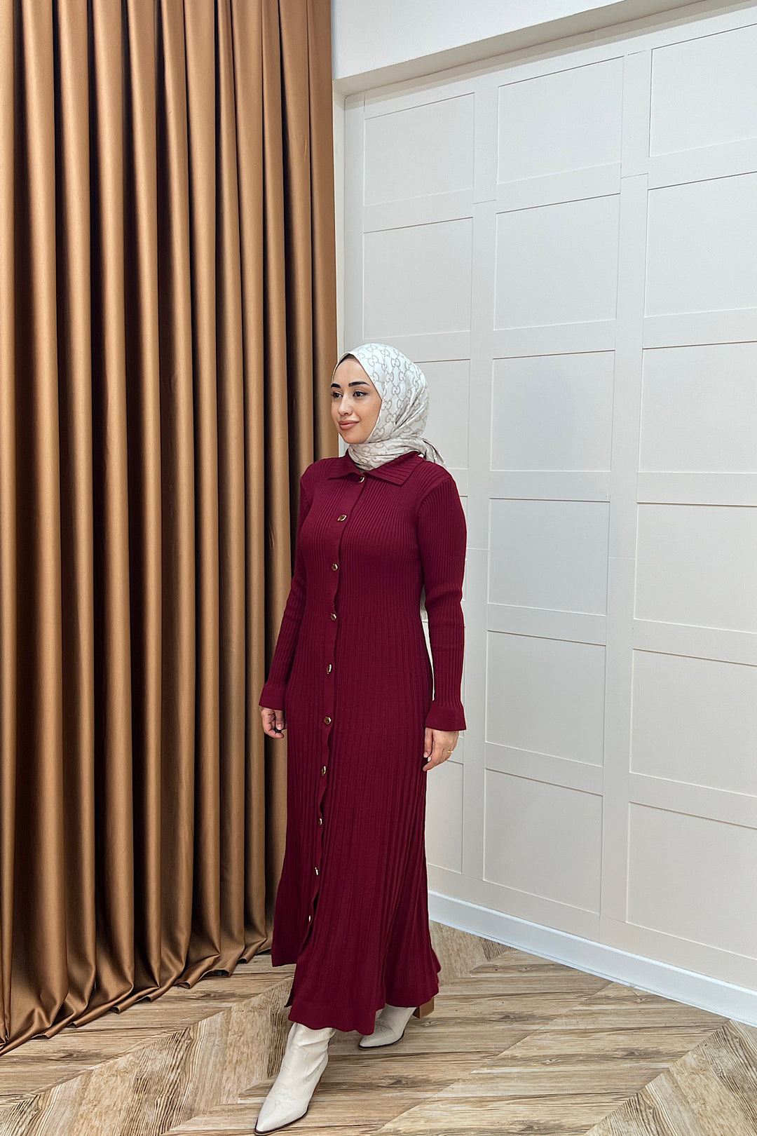 Endam Düğmeli Triko Elbise Bordo 10201-BORDO