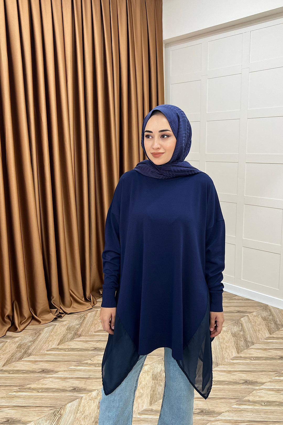 Hüda Şifon Detaylı Triko Tunik Lacivert 24290-LACIVERT
