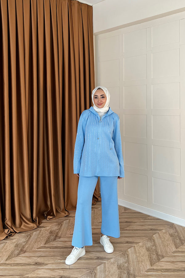 Eros Kapüşonlu Taşlı Triko Takım Mavi 25340-MAVI