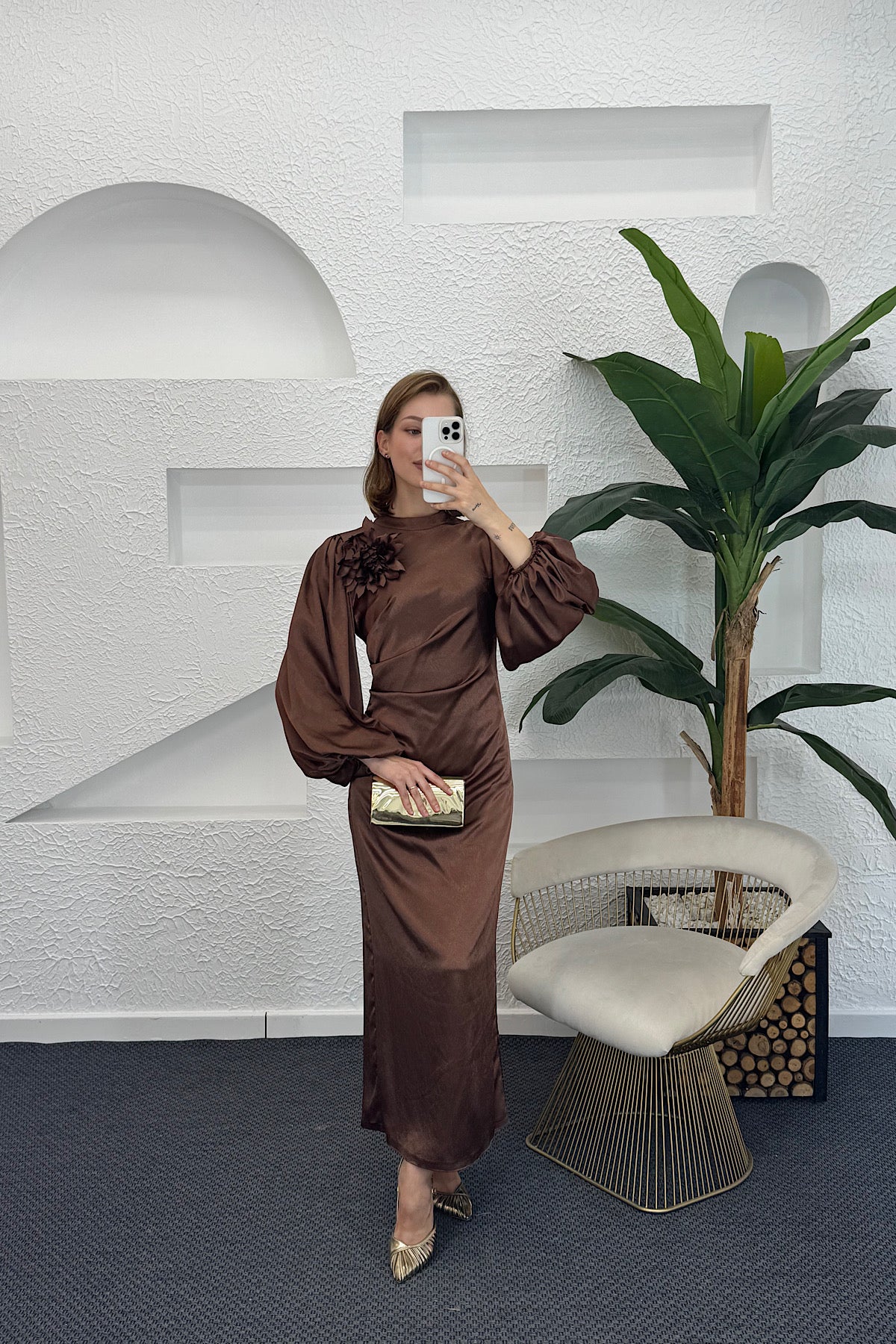 Sanna Broş Detay Abiye Kahverengi 4985-KAHVERENG