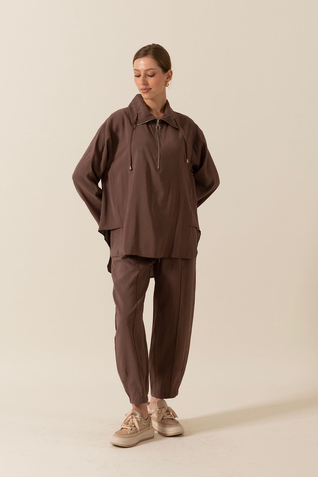 Yarım Fermuar Detay Ikılı Takım Kahverengı 8370-KAHVERENGI