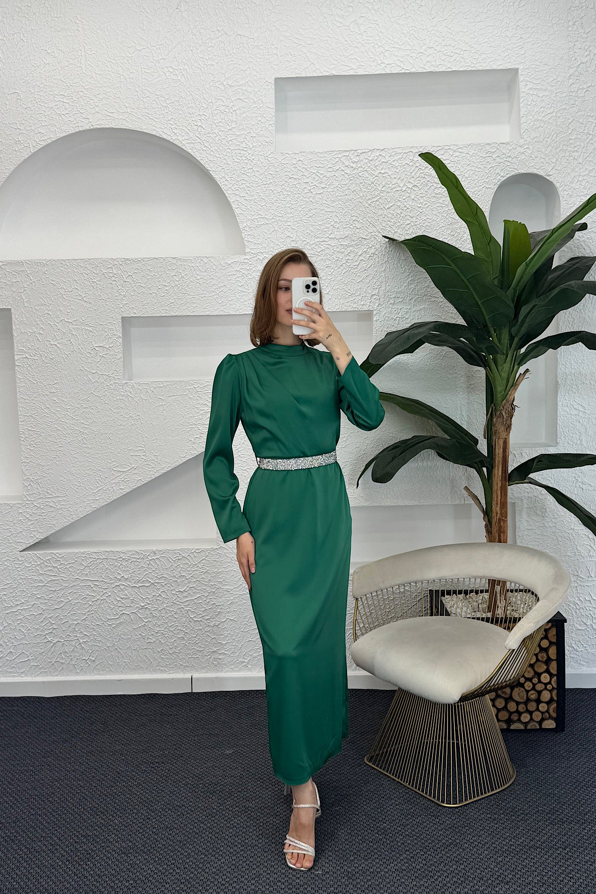 Taş Kemer Saten Abiye Yeşil 04765-YESIL