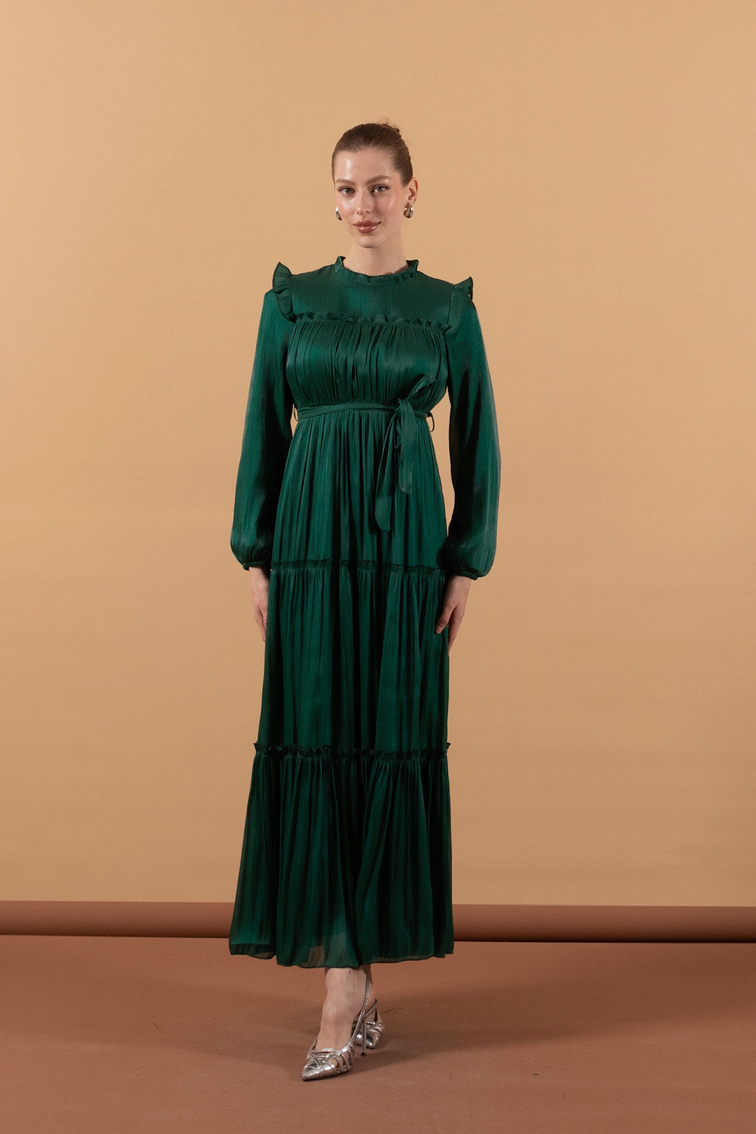 Robalı İpek Elbise Zümrüt 3006-ZUMRUT