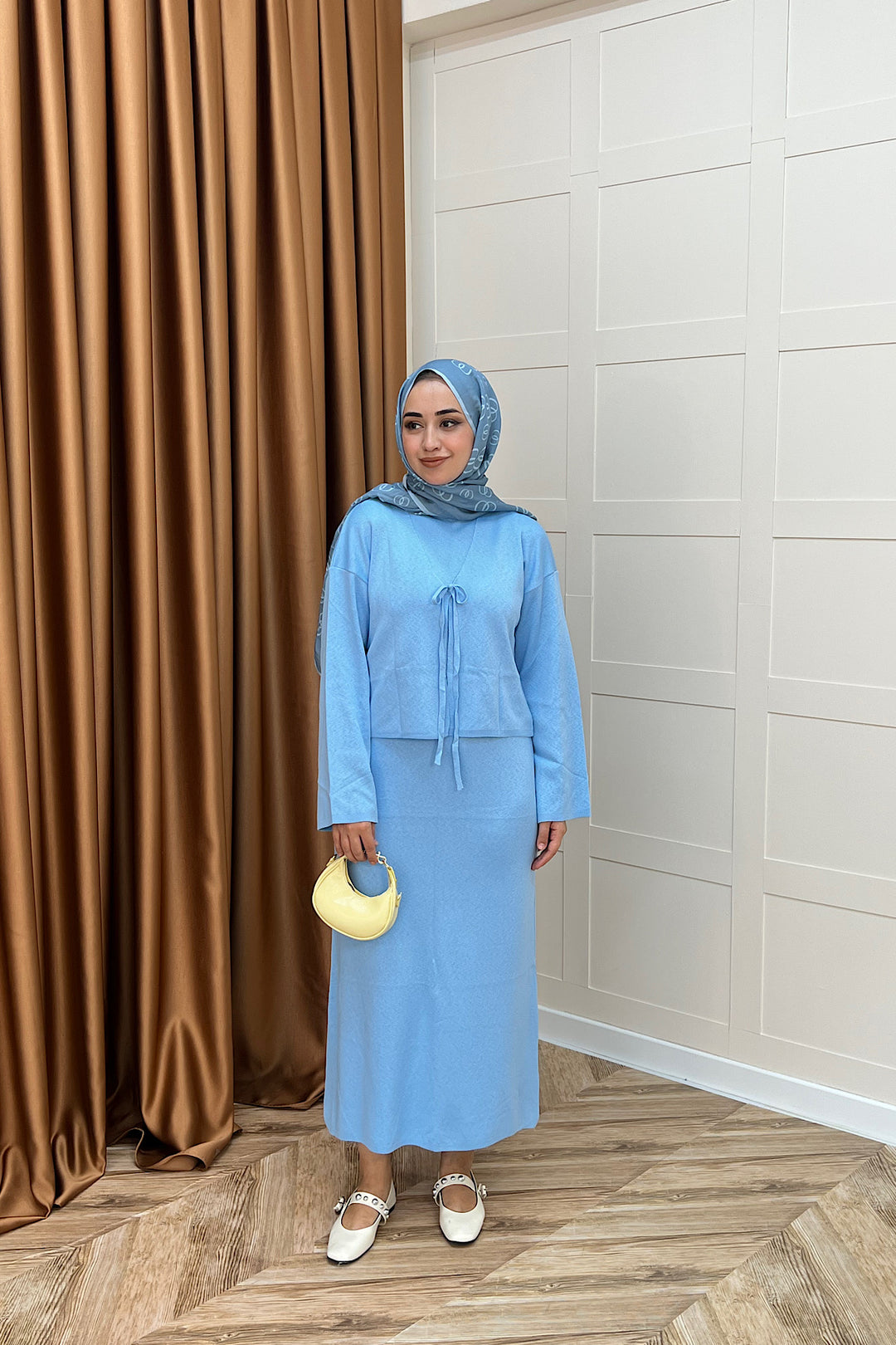 Ester Croplu İkili Triko Elbise Mavi 25160-MAVI