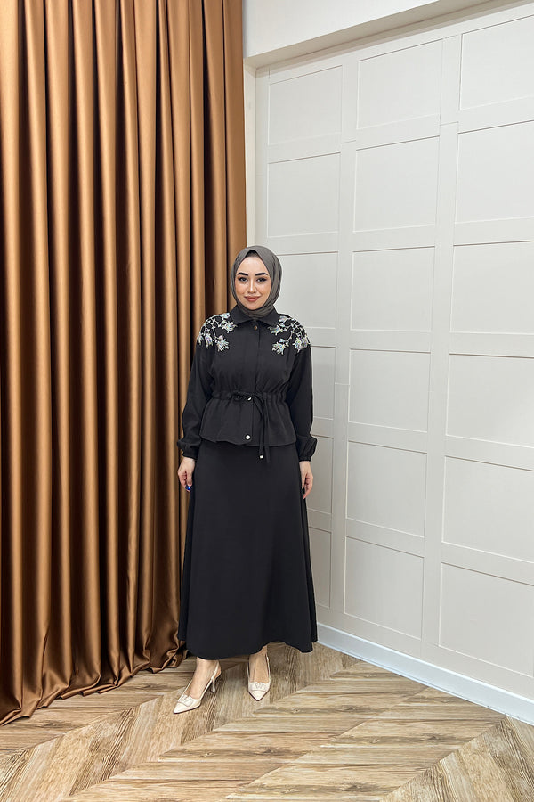 Laura Taş İşlemeli Etek Takım Kahverengi 02969-KAHVERENGI