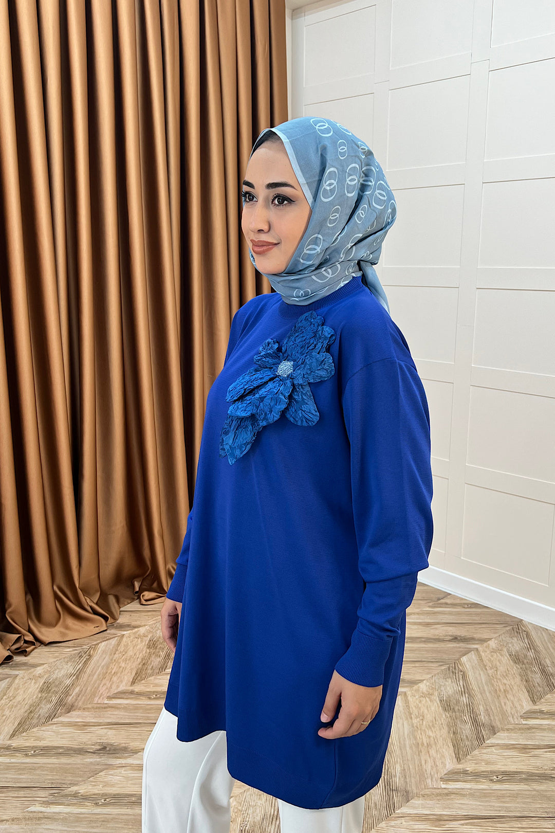 Merserize Çiçekli Triko Tunik Saks 2550-SAKS