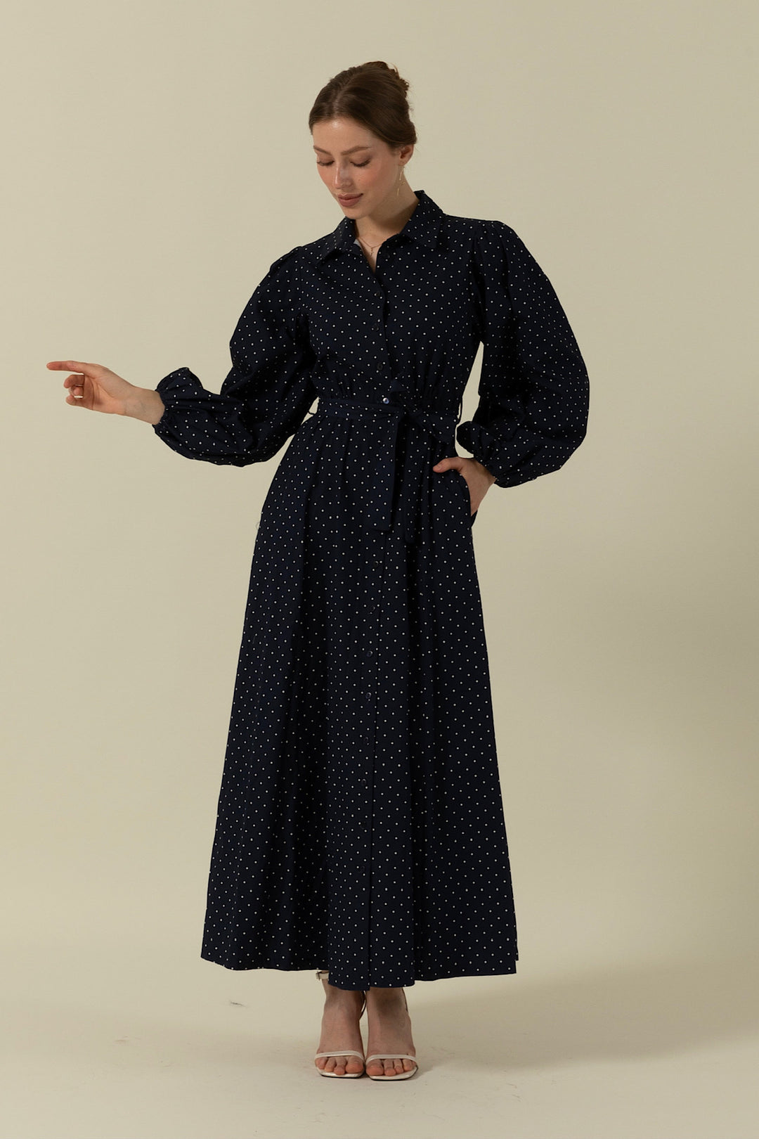 Boydan Düğmeli Puantiye Desen Elbise Lacivert 3041-LACIVERT