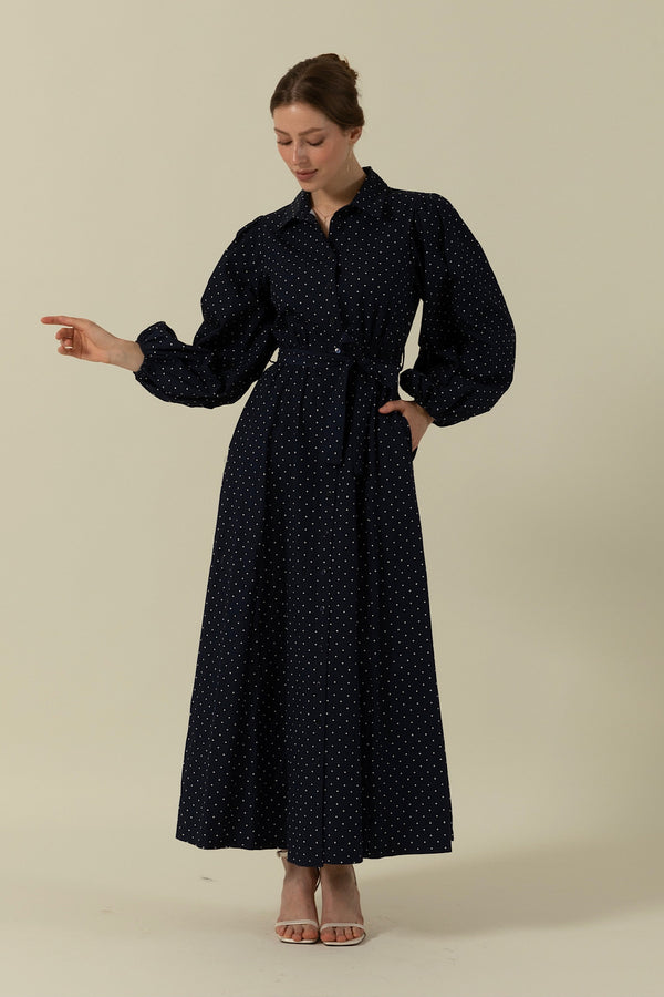 Boydan Düğmeli Puantiye Desen Elbise Lacivert 3041-LACIVERT