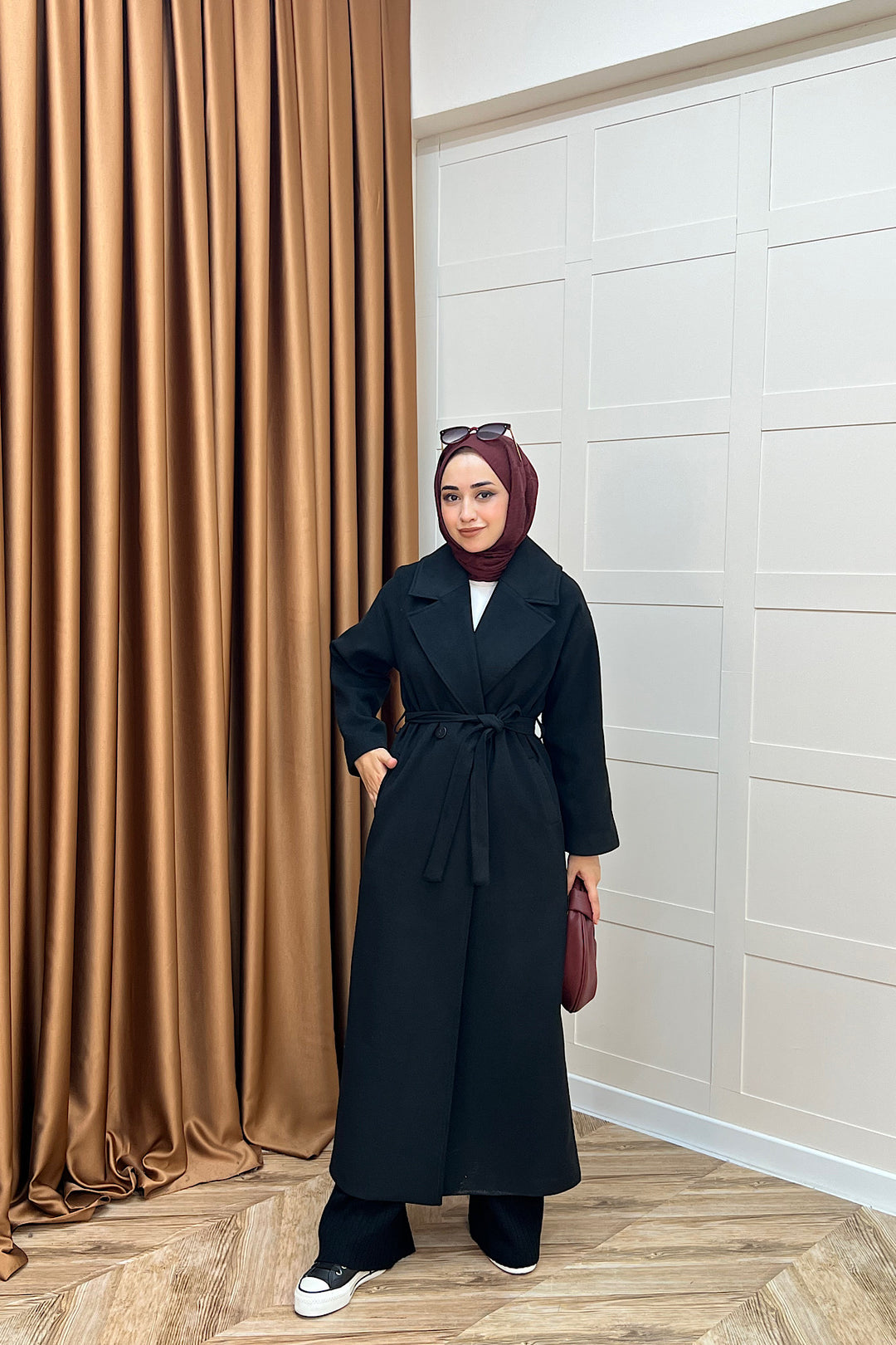 Retro Premium Kumaş Uzun Kaşe Kaban Siyah 5509-SIYAH