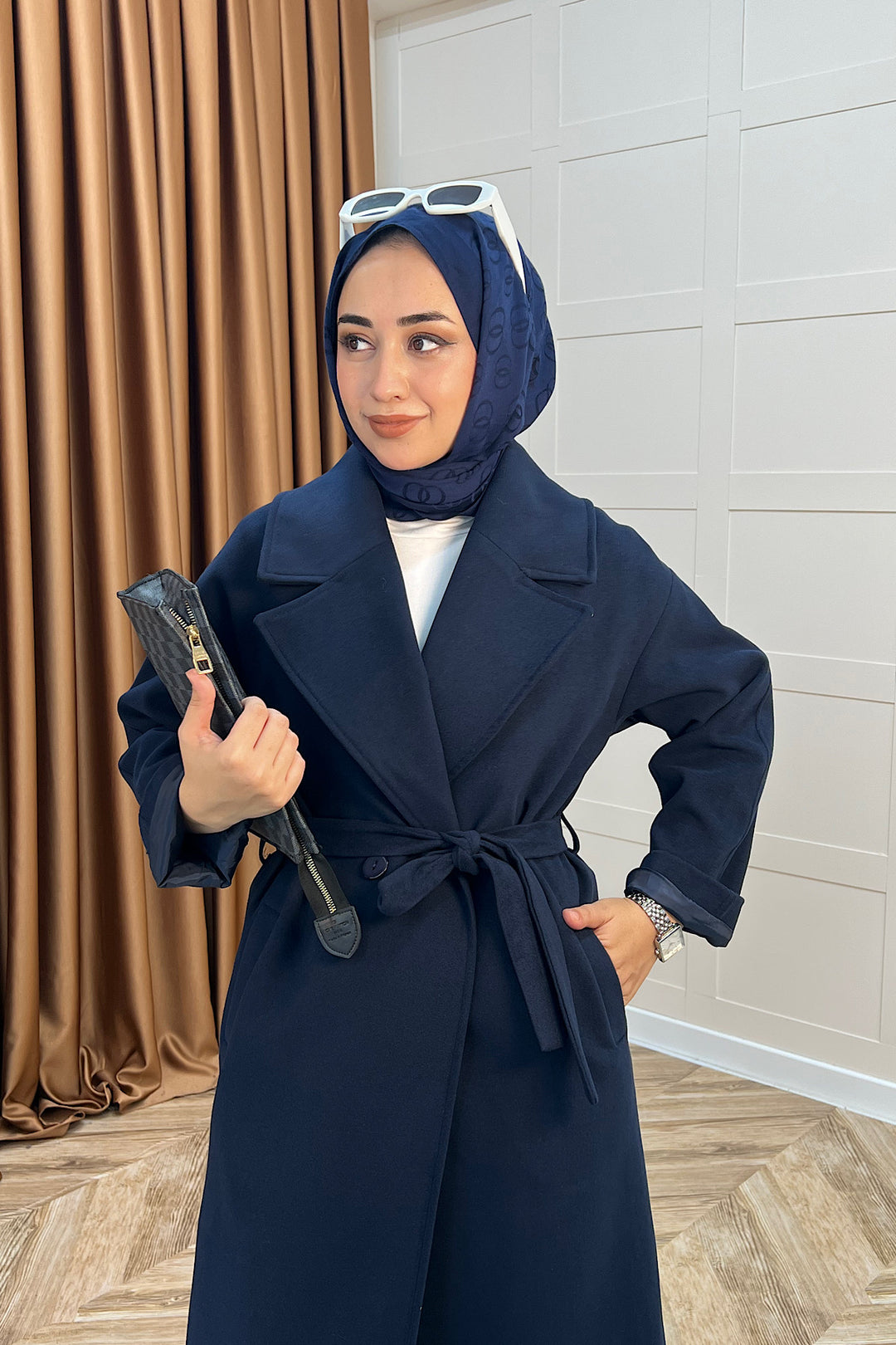 Retro Premium Kumaş Uzun Kaşe Kaban Lacivert 5509-LACIVERT