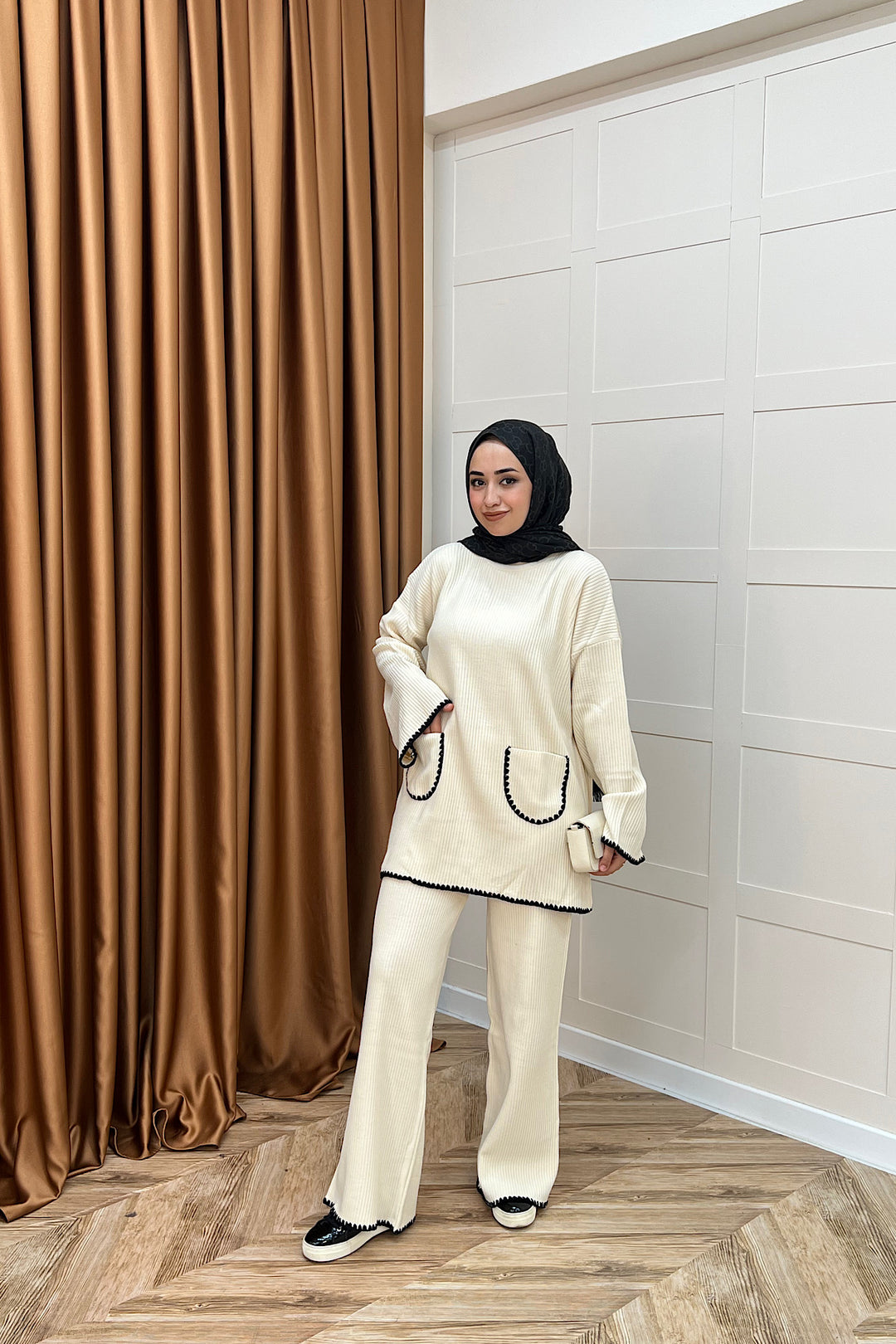 Cep Örgülü Triko Takım Krem 24200-KREM