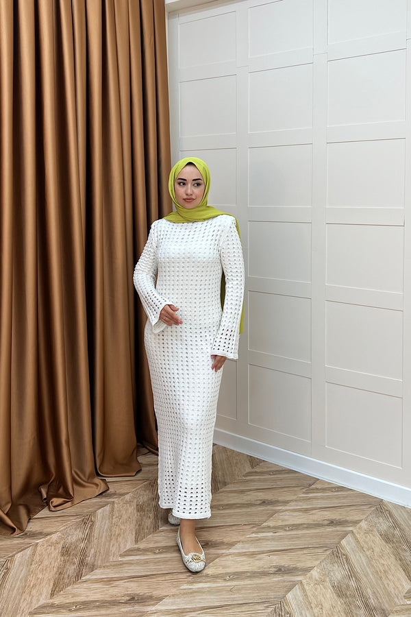 Palmiye Fileli Triko Elbise Beyaz 2510000-BEYAZ