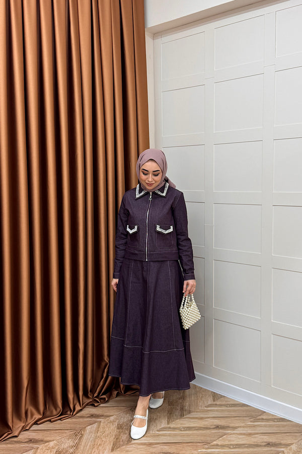 Klara İnci Detay Kot Takım Mürdüm 3095-MURDUM