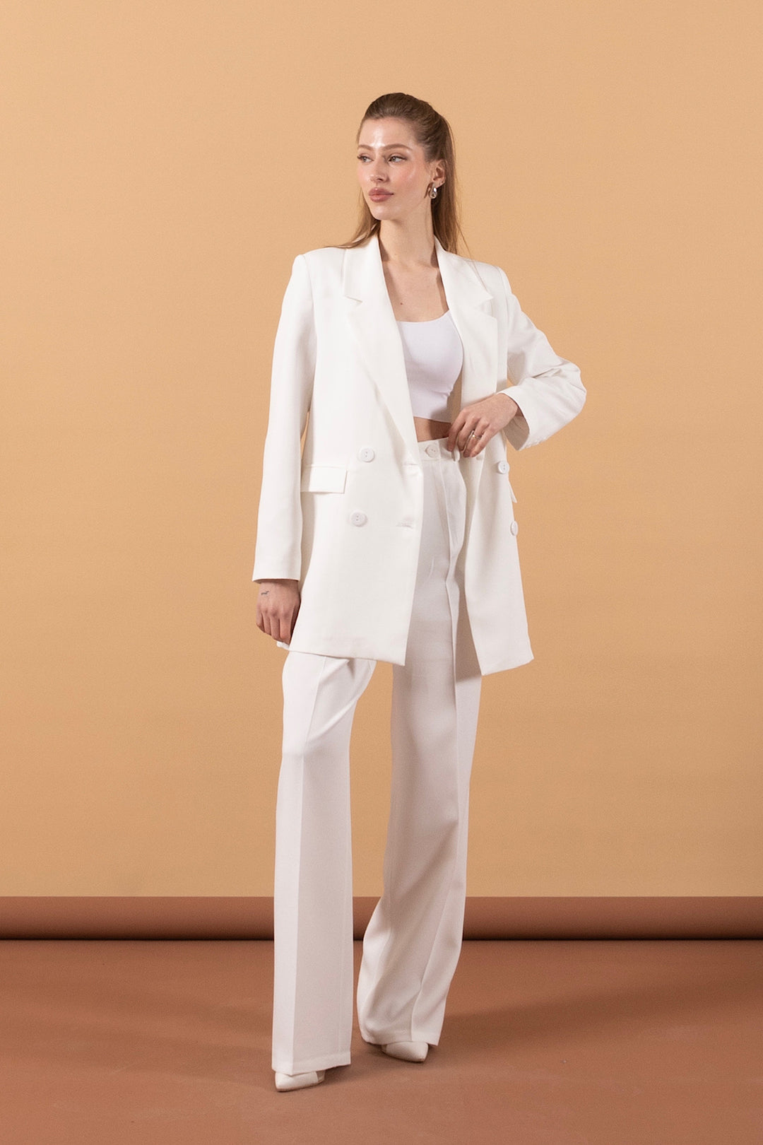 Dört Düğme Ceket Takım Beyaz 6152-BEYAZ