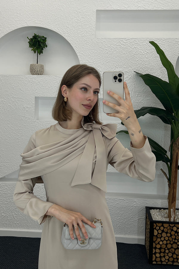 Degaje Detay Saten Abiye Krem 3026-KREM