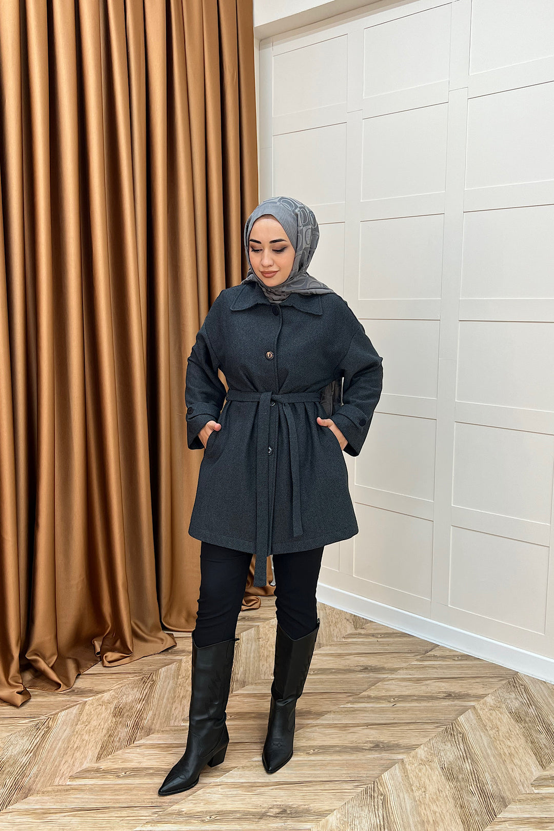 Bensu Kuşaklı Kaşe Kaban Siyah 5518-SIYAH