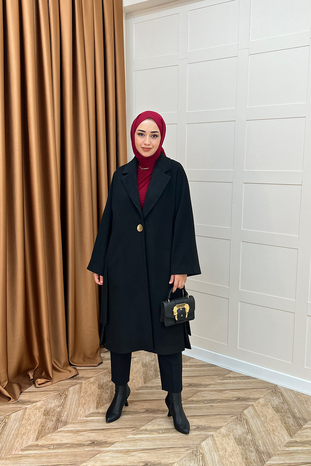 Yıldız Premium Kumaş Kuşaklı Kaban Siyah 5515-SIYAH