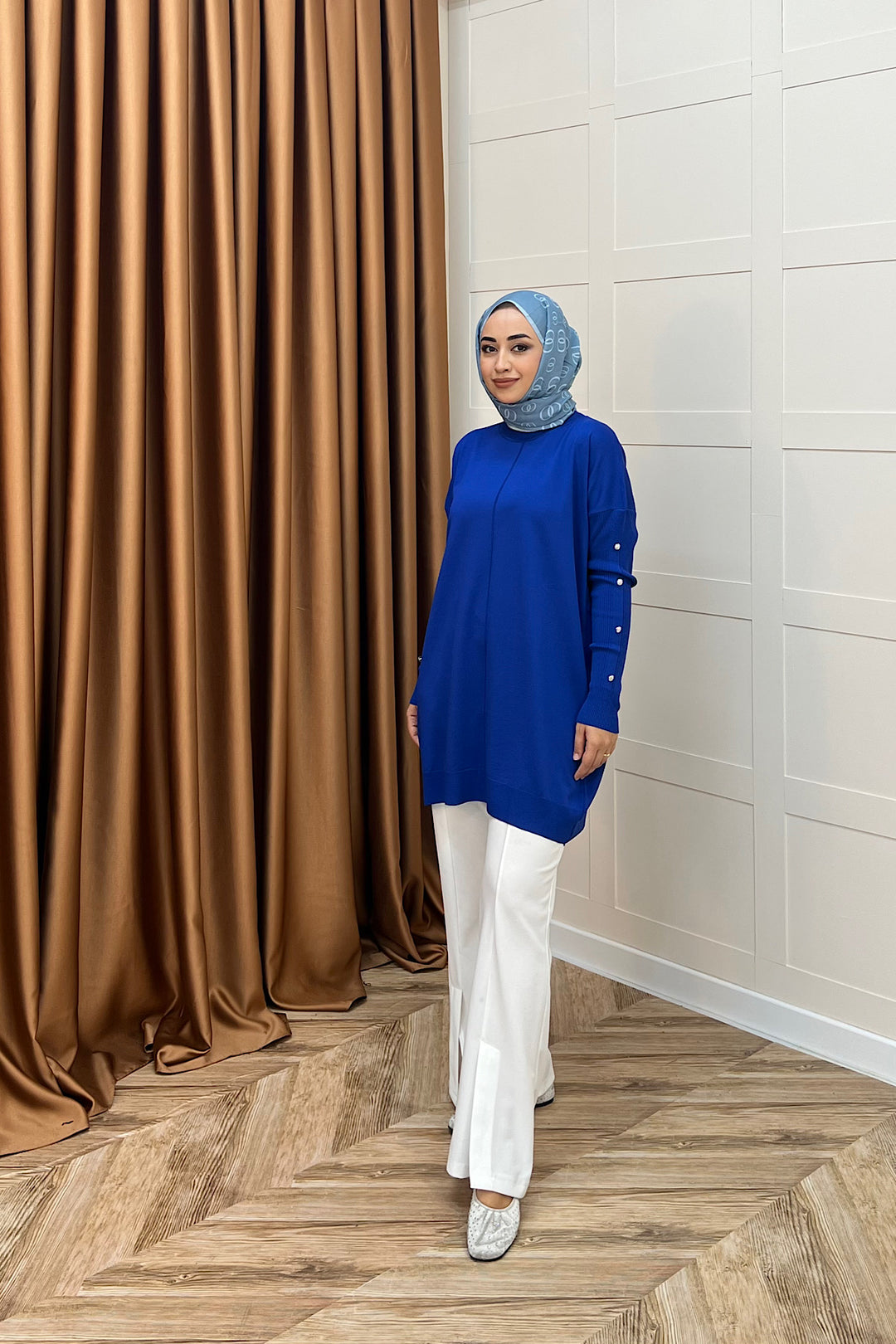 Kol Düğmeli Triko Tunik Saks 24280-SAKS