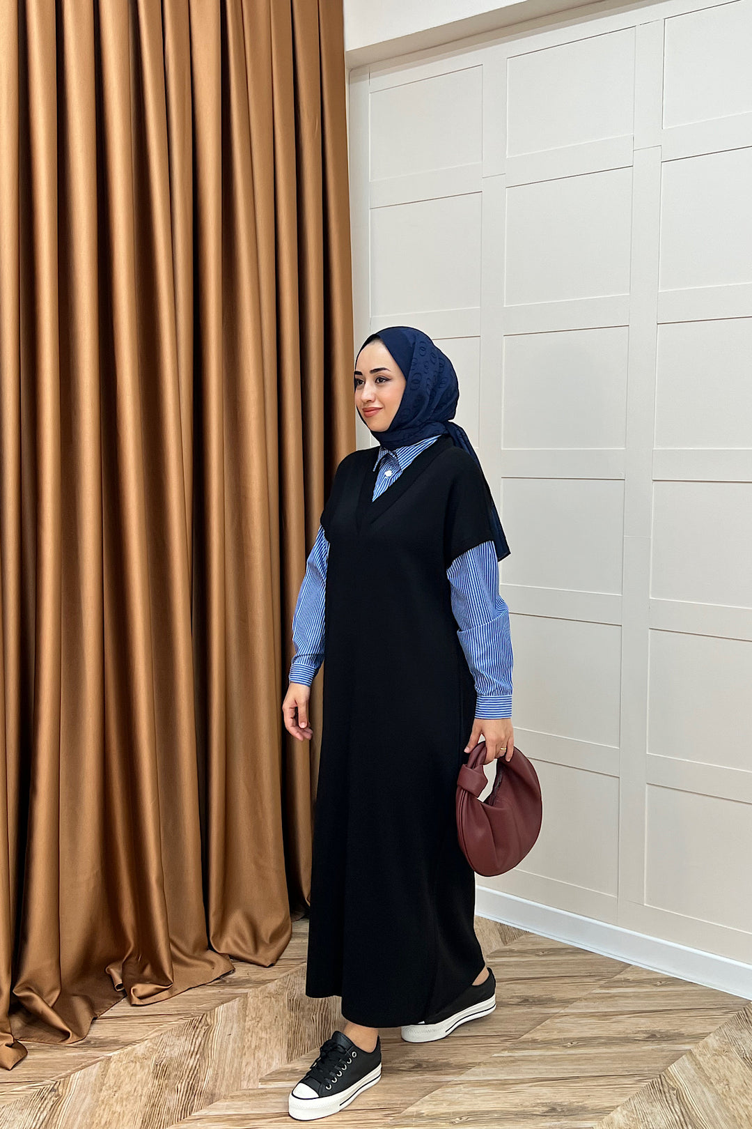 Samira Gömlek Detaylı Triko Elbise Siyah 241110-SIYAH