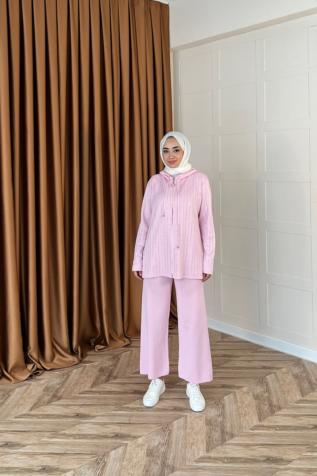 Eros Kapüşonlu Taşlı Triko Takım Pembe 25340-PEMBE