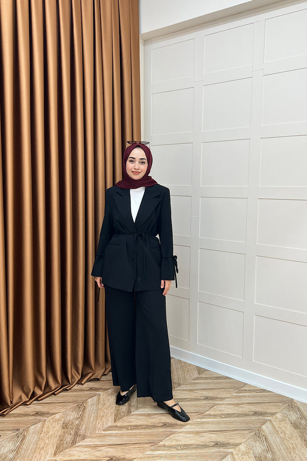 Kuşak Detay Ceket Takım Siyah 5004-SIYAH