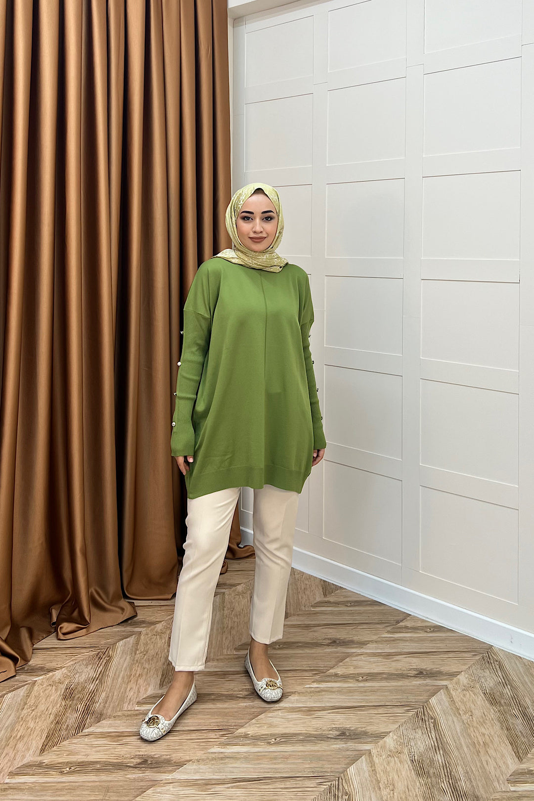 Kol Düğmeli Triko Tunik Yağ Yeşili 24280-YAGYESILI