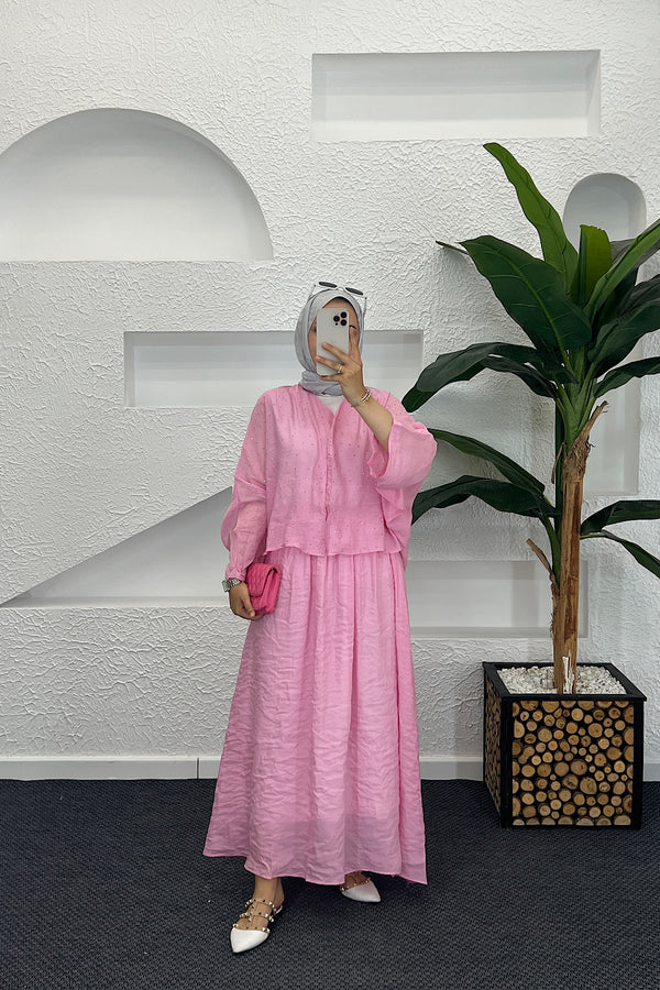 Taş Detay Etekli Takım Pembe 8830-PEMBE