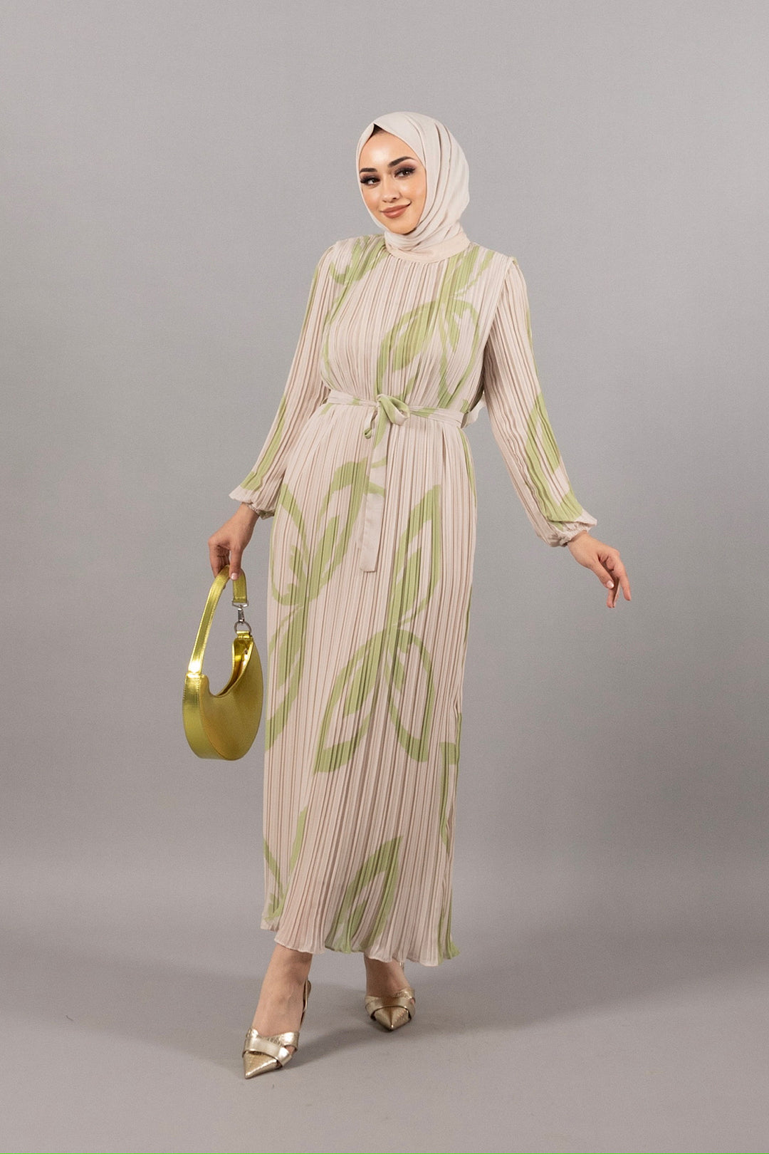 Lara Piliseli Şifon Elbise Yeşil 4963-YESIL