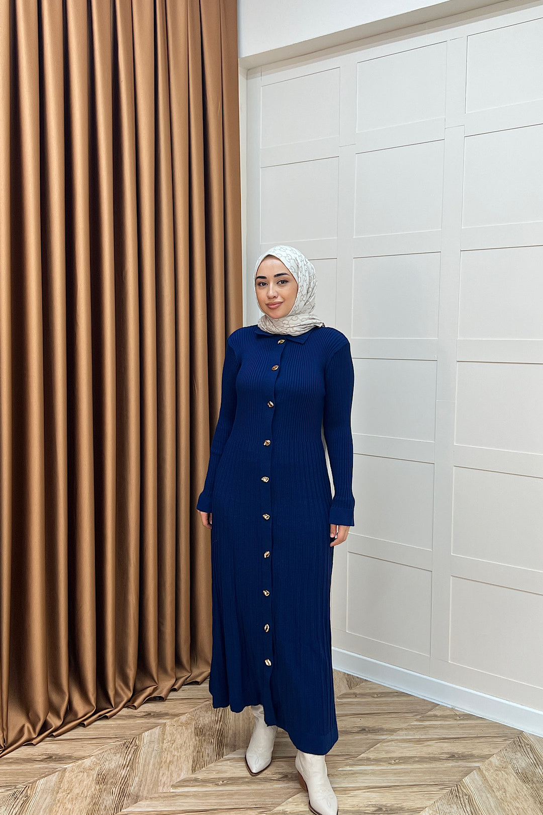 Endam Düğmeli Triko Elbise Lacivert 10201-LACIVERT