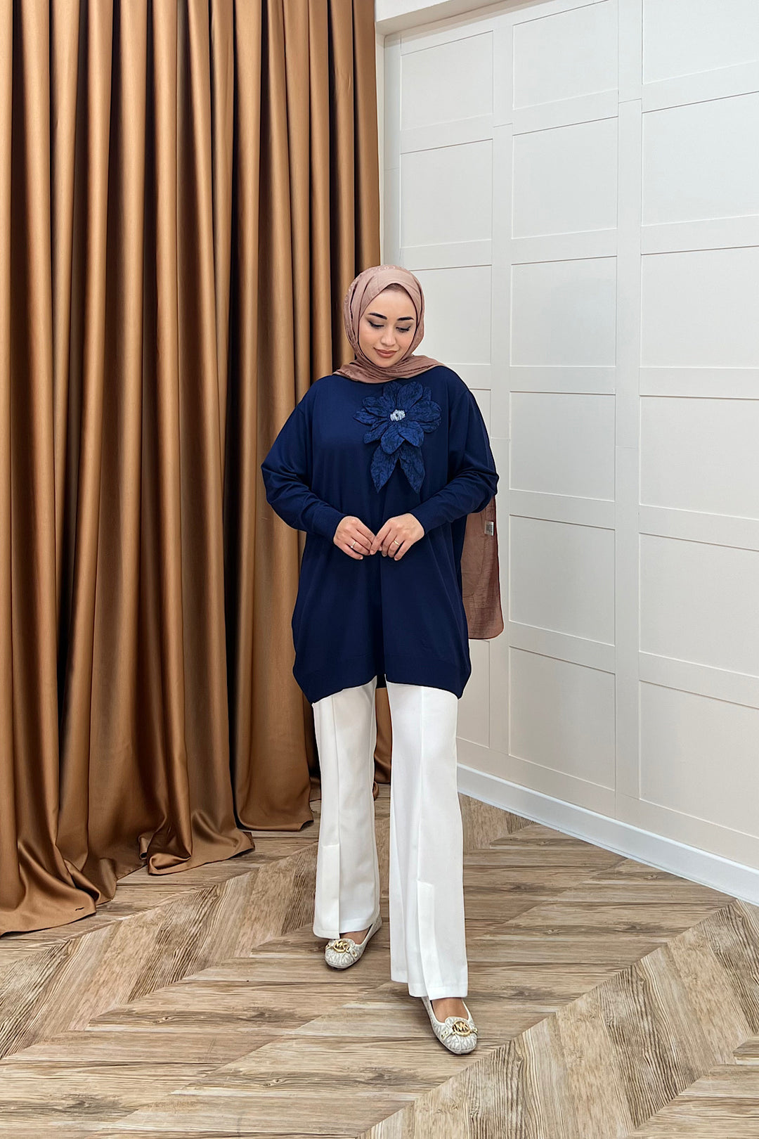 Merserize Çiçekli Triko Tunik Lacivert 2550-LACIVERT