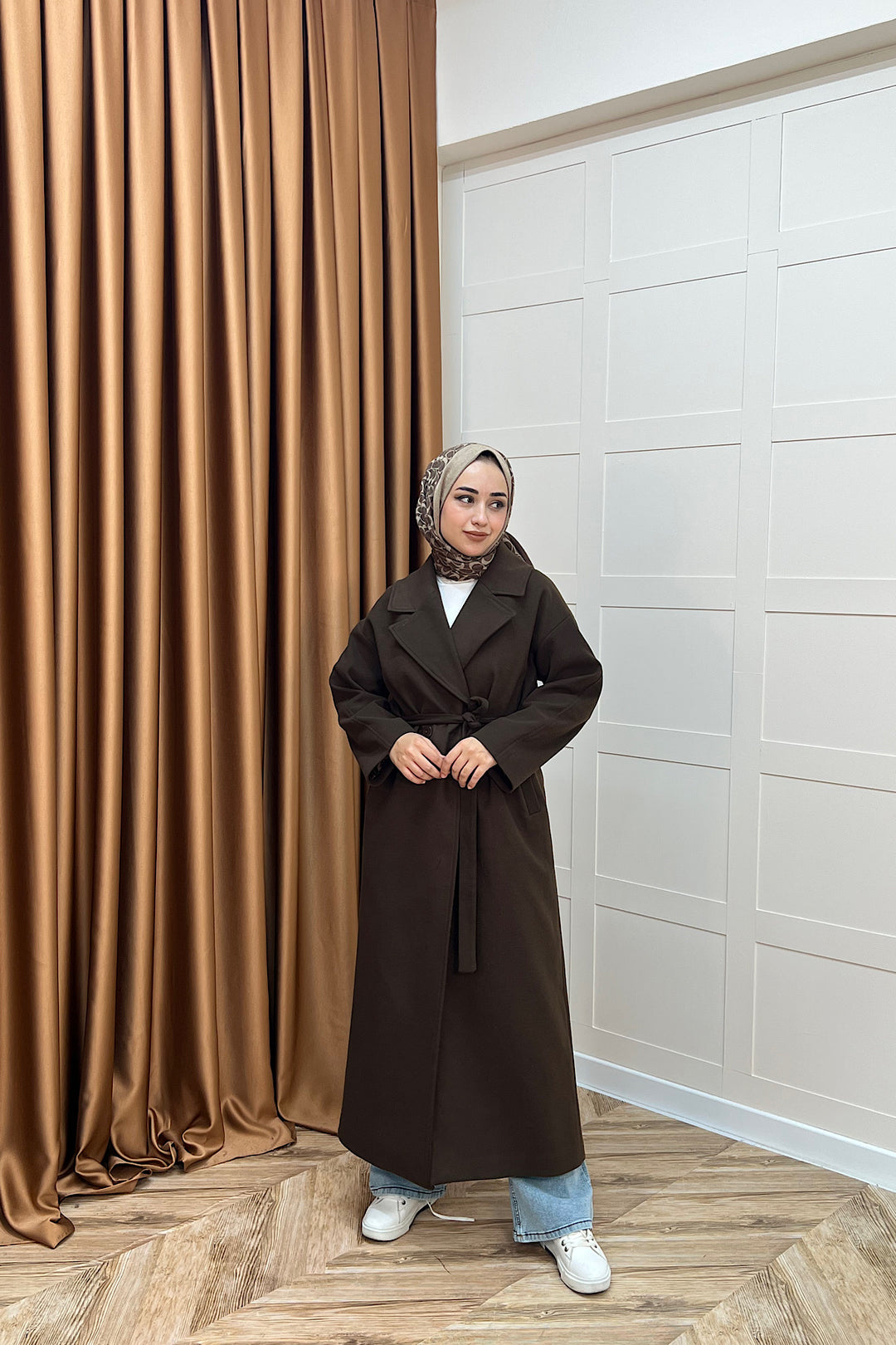 Retro Premium Kumaş Uzun Kaşe Kaban Kahverengi 5509-KAHVERENGI