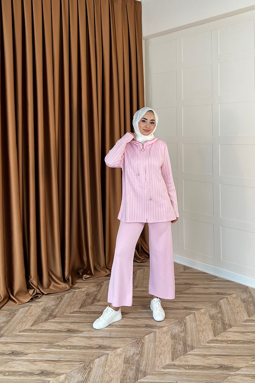 Eros Kapüşonlu Taşlı Triko Takım Pembe 25340-PEMBE