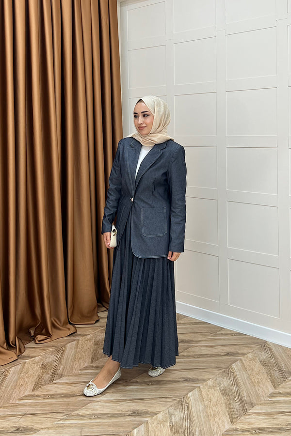 Eteği Piliseli Kot Ceket Takım Mavi 4010-MAVI