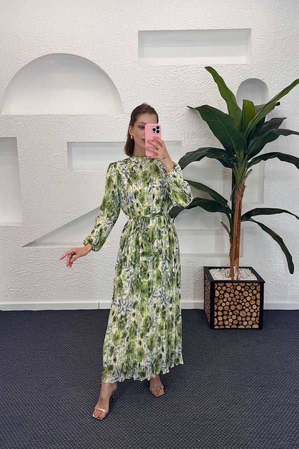 Liana Piliseli Elbise Yeşil 3040-YESIL