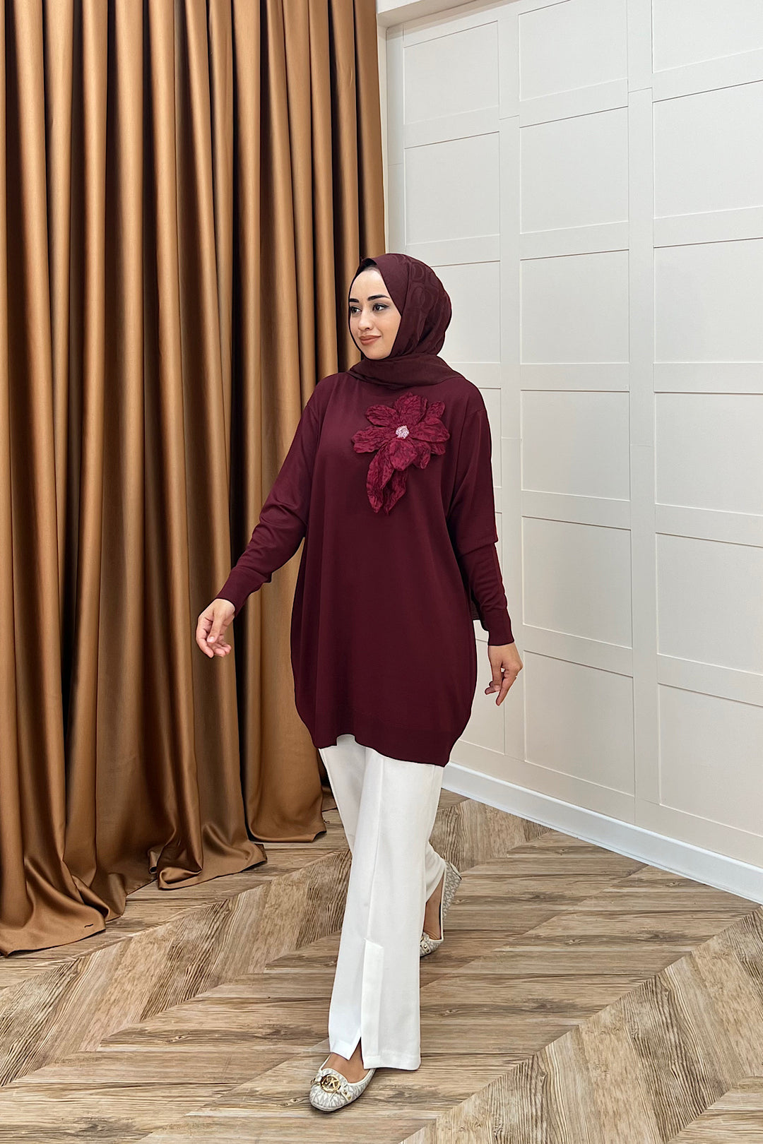 Merserize Çiçekli Triko Tunik Bordo 2550-BORDO
