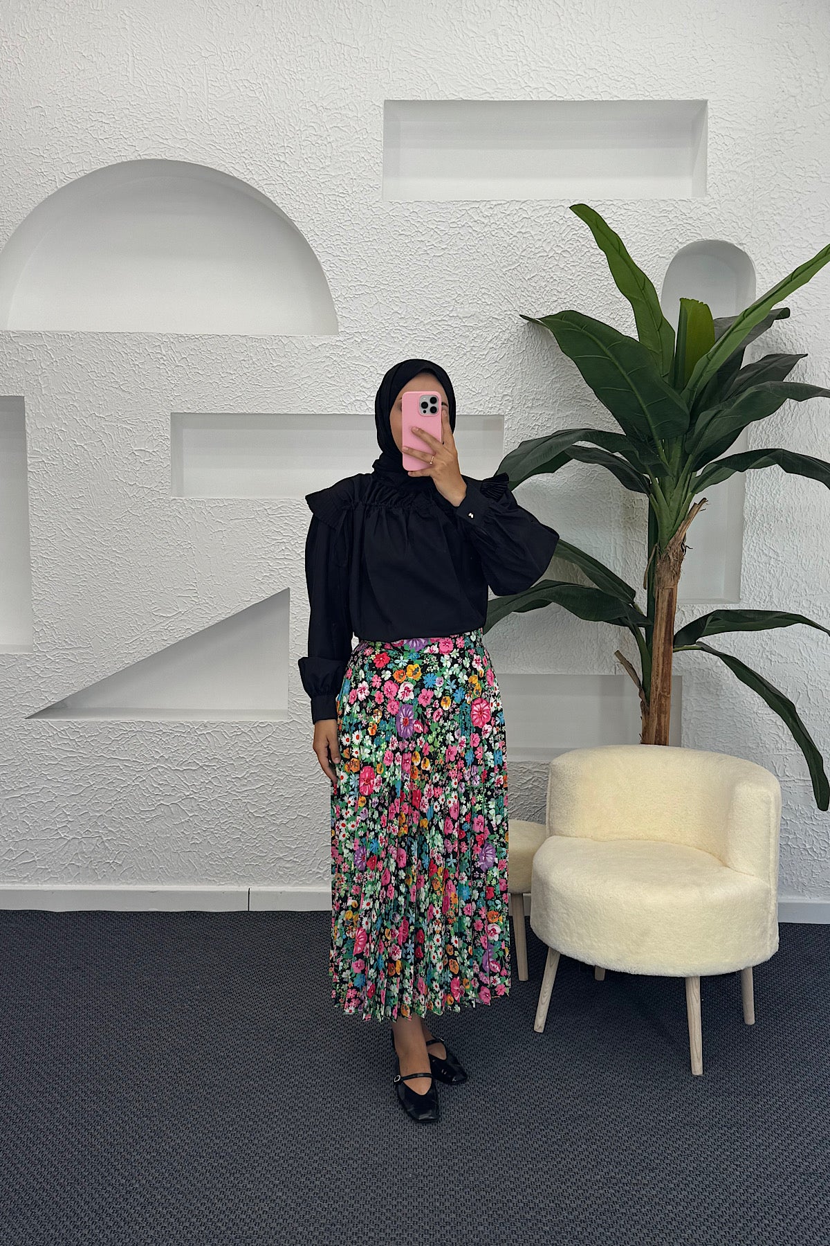 Çiçek Desenli Crep Etek 1191