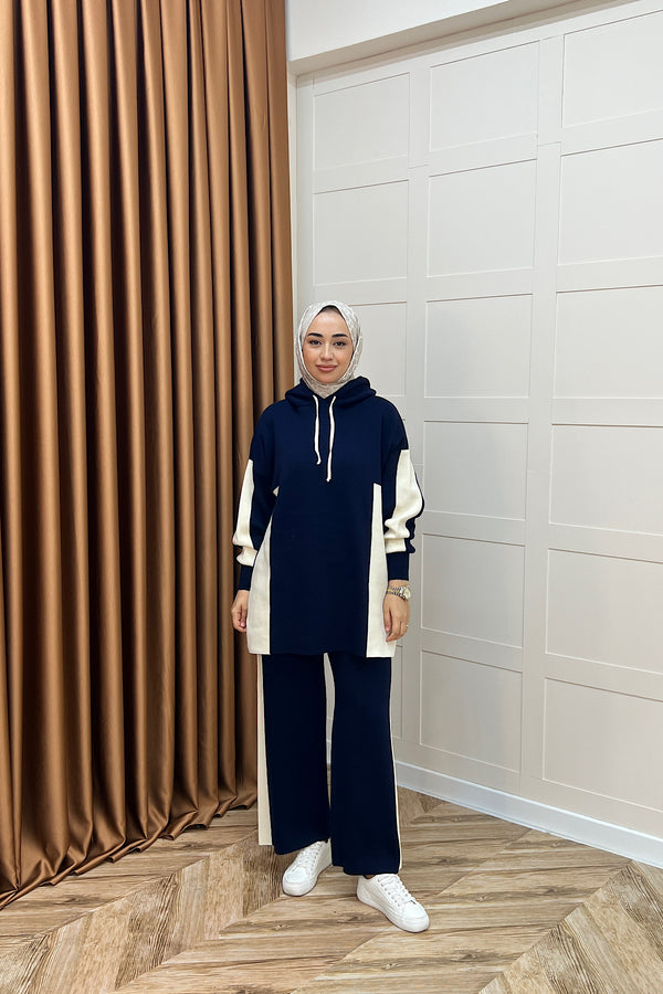 Lapis Çizgili Kapüşonlu Triko Takım Lacivert 241210-LACIVERT