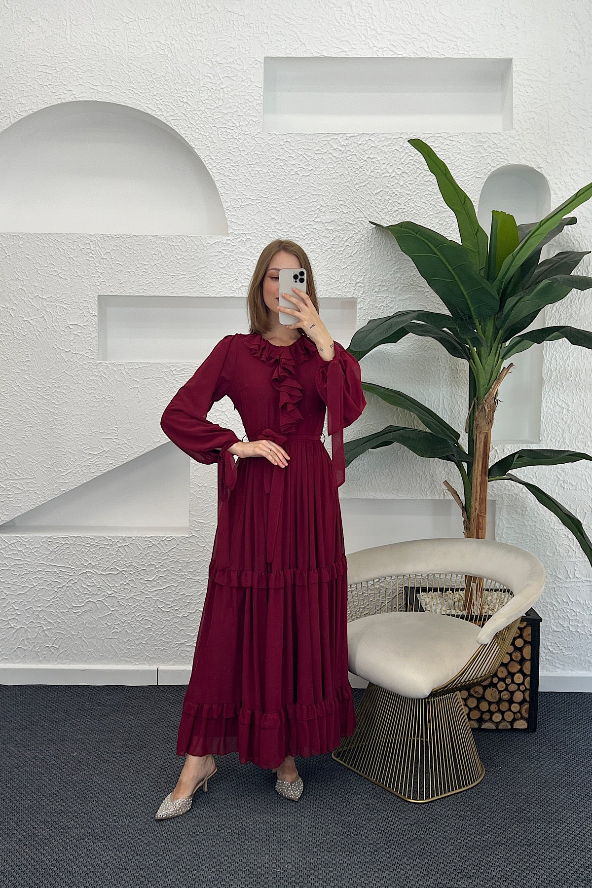Royal Şifon Elbise Bordo 3053-BORDO